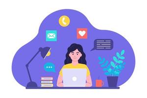 Concept of online learning, communication by video, in chats and by mail. The girl at the desk looks at the laptop screen. Vector image in flat cartoon style