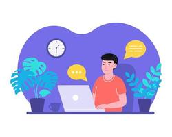 Young man at laptop, home office, training, communication and ordering goods online, remote work at computer. Vector illustration in flat style