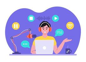 Podcast concept. Man wearing headphones in front of laptop, talking into microphone, recording sound. Vector illustration with icons in flat cartoon style