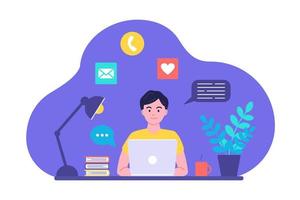 Concept of online learning, communication by video, in chats and by mail. The guy at the desk looks at the laptop screen. Vector flat illustration
