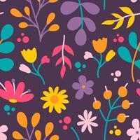 Plants and flowers on dark background, vector seamless pattern in flat style