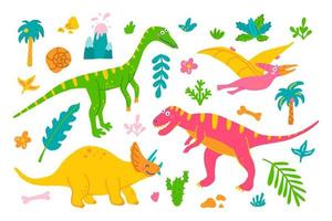 Bright set of dinosaurs and plants on white background in hand drawn style, vector childrens flat illustration