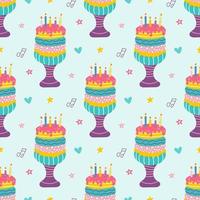 Bright birthday cake on blue background, vector seamless pattern, perfect for postcards, invitations, wrapping paper