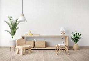 interior de la sala de estar con soporte de tv, silla, lámpara, maceta y planta sobre fondo de pared blanca. estilo minimalista. Representación 3d foto