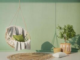 pared verde con silla colgante, planta, maceta de mimbre y alfombra. Representación 3d foto