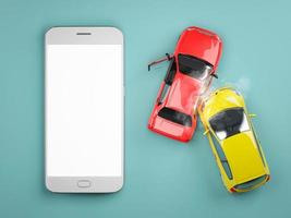 teléfono móvil con pantalla en blanco. dos autos chocan en accidente. vista superior. concepto de seguro. representación 3d foto
