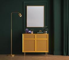 Picture frame mockup in green dark room with yellow drawer and floor lamp.3d rendering photo