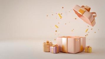 Caja de regalo rosa pastel en blanco con cinta dorada.Representación 3D foto