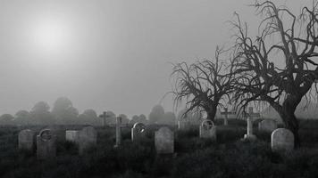 cementerio con lápidas, árbol muerto y renderizado mist.3d foto
