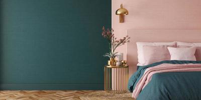 dormitorio interior.estilo art deco.diseño con color verde rosa y dorado.representación 3d foto