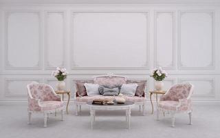 Classic style living room interior.Sofa,armchair,white wall with moulding.3d rendering photo