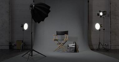 silla de director, badajo de película en estudio.concepto para la industria cinematográfica.representación 3d foto