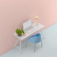 Table with laptop mock up pastel color.Blue chair,yellow lamp,white table on pink background.Isomatric3d rendering photo
