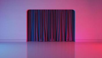 Modern room with violet light and red light illumination.Wall with curtain background.3d rendering photo