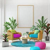 Living room design with magenta and blue color.Plant on  background and blank canvas.Rattan armchair.3d rendering photo