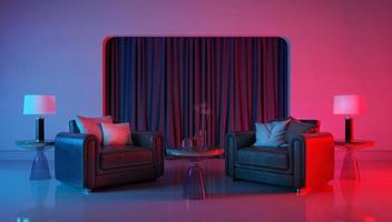 Modern room with violet light and red light illumination.Leather armchairs with pillows and table lamps.3d rendering photo