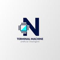 logotipo del circuito de la letra n. máquina terminal para tecnología, gadget, inteligencia artificial vector