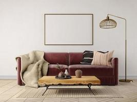 Mockup living room interior with wine red sofa ,table lamp and blank canvas.3d rendering photo