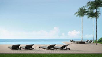 Sunbeds and dining table on wooden floor deck with infinity edge swimming pool.3d rendering photo