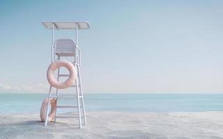 Torre de salvavidas en la playa de arena blanca con vista al mar. Representación 3D foto