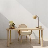 Working table mockup with wooden chair,table lamp and cactus in white room.3d rendering photo