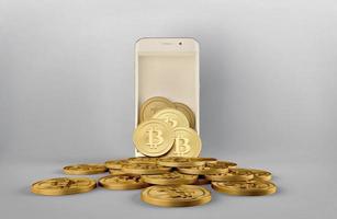 Bitcoin come out from smartphone.Concept for online trading.3d rendering photo