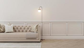 interior clásico moderno.sofá, almohadas con lámparas de pie.pared blanca y suelo de madera con moqueta. representación 3d foto