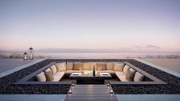 Luxury sofa with sea view.Sun set scene at luxury hotel lounge on outdoor balcony for party.3d rendering photo