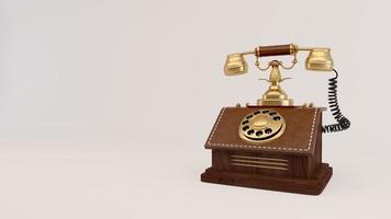 Vintage gold analog telephone and wood box with leather isolated on grey background.3d rendering photo