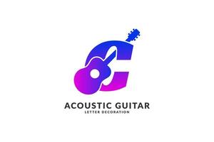 vector de color de moda de decoración de guitarra acústica con letra c aislada para logotipo de identidad de músico y elemento de título de festival o concierto