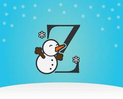 fun and cute letter Z snow man decoration with snow flakes winter background vector