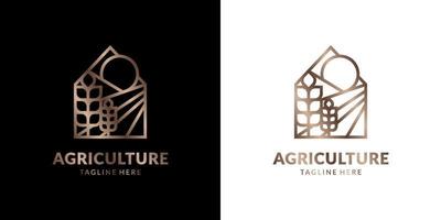 minimalist elegant abstract line art house with sun and wheat field logo for agriculture, farm, village, cottage, agro-tourism vector