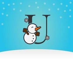 fun and cute letter U snow man decoration with snow flakes winter background vector