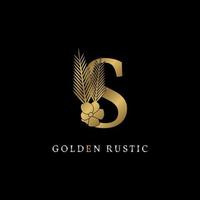 luxurious letter S with flower and palm leaves golden rustic vintage brand for royal company, event or personal identity, salon, spa, fashion, beauty care. silver color in dummy text vector