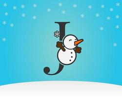 divertida y linda letra j muñeco de nieve decoración con copos de nieve fondo de invierno