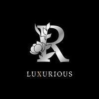 letter R flower leaves decoration for wedding, beauty care logo, personal branding identity, make up artist or any other royal brand and company. luxurious gold and silver color sample in dummy text vector