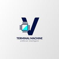 letter V circuit logo. terminal machine for technology, gadget, artificial intelligent vector