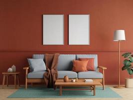 Mockup red living room interior with sofa table lamp and blank canvas.3d rendering photo