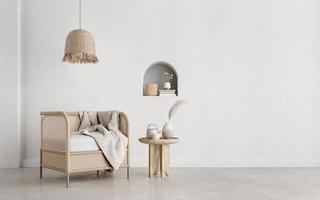 Boho style living room with wicker lamp,armchair and pampas in the pot on white wall background.3d rendering photo