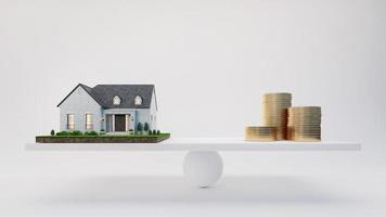 House and coins on scale.White background.Buying a house.Sale and purchase concept for real estate or property investment advertising.3d rendering photo