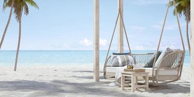 Hanging sofa on sand beach with palm.Concept for vacation and relaxation.3d rendering photo