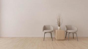 minimalism, modern room with grey chair and white vase on wood flooring. 3D rendering
