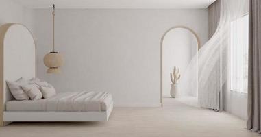 White bedroom with curtain blowing.3d rendering photo