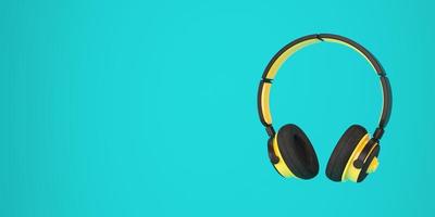Wireless black and yellow headphones on blue background.Music concept.3d rendering photo