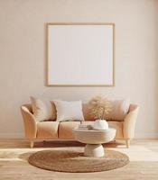 Living room.Sofa and blank picture frame with beige color.3d rendering photo