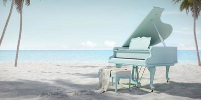 Piano on the beach.Concept for summer music.3d rendering photo