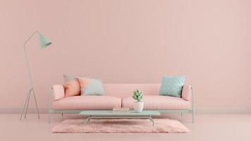 Living room.Design with pastel color.Sofa,table,carpet and pink wall.3d rendering photo