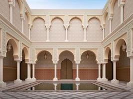 Arabic,Islamic style courtyard,patio with pond.3drendering photo