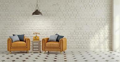 Vintage style interior.Beige leather armchairs with pillows,Old analog telephone on side table,Black ceiling lamp,white brick background and tiled floor.3d rendering photo