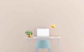 Table with laptop mock up pastel color.Blue chair,yellow lamp,white table on cream background.3d rendering photo